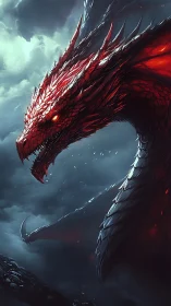 Crimson-scaled dragon profile with glowing embers and stormclouds