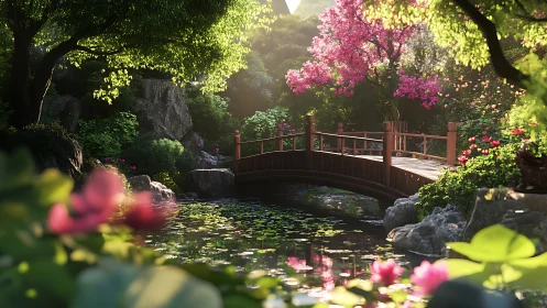 Wooden garden bridge over pond with flowering trees.