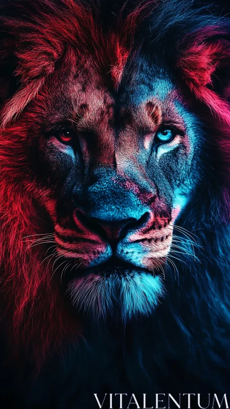 Neon twilight lion poised between fire and frost.