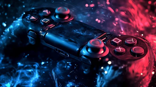 Electric game controller glowing in bold neon colors.