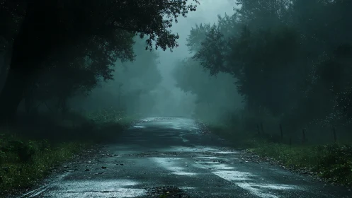 Fog-drenched forest road receding into diffuse atmospheric depth
