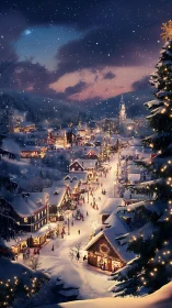 Snow covered village street with illuminated winter market.