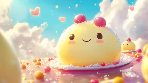 Whimsical Spherical Character with Magenta Antennae in Dreamlike Sky Environment