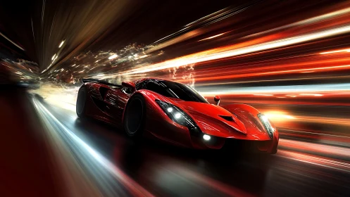 Scarlet supercar slices through neon night like liquid thunder