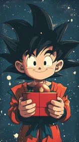 Smiling spiky-haired boy holds red gift box against stars