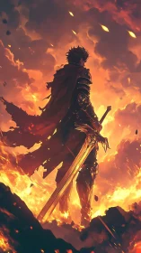 Armored warrior with greatsword in burning sky scene.