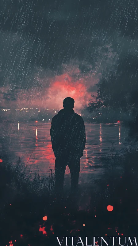 Rain-soaked silhouette by the glowing midnight shoreline.