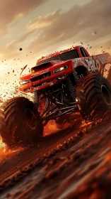 Red off-road monster truck on muddy track at sunset.