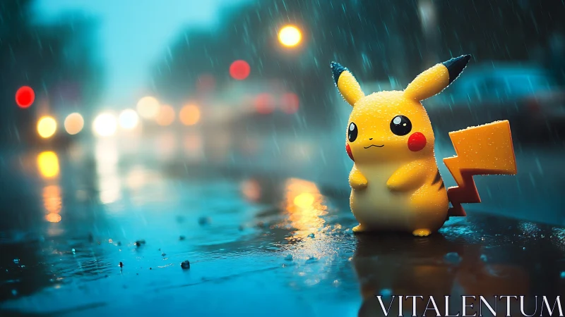 Rain-soaked Pikachu figure on wet urban street with shallow depth