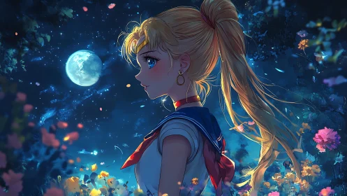 Moonlit schoolgirl gazes into a glowing, star-filled night.