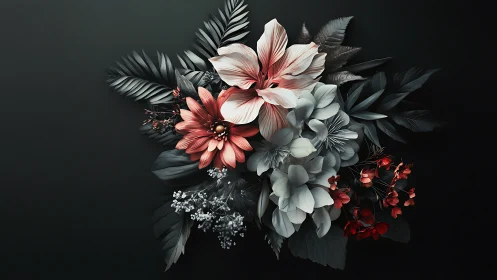 Monochromatic Bloom: Crimson & Ivory Florals in Shadows