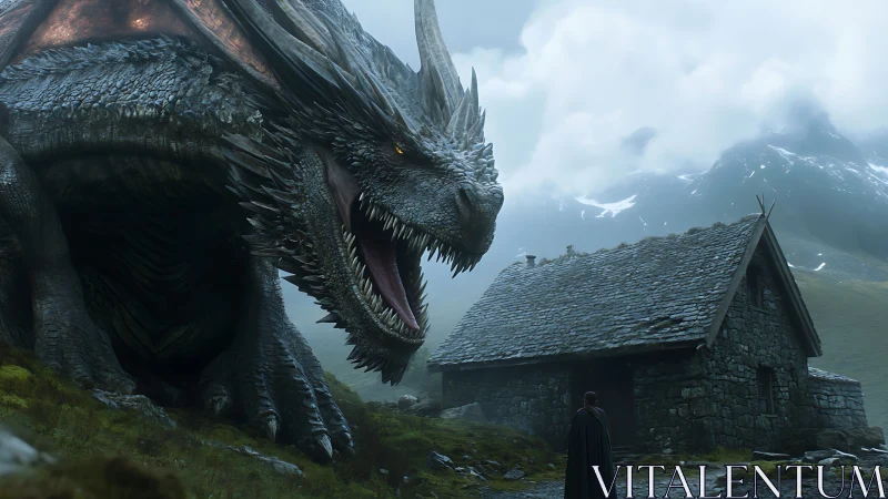 Giant dragon confronts lone figure beside stone cottage