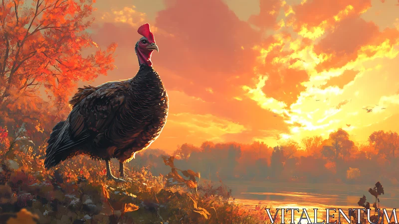 Obsidian bird silhouetted against golden sunset landscape