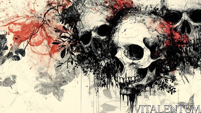 Clustered human skulls with abstract ink and foliage forms.