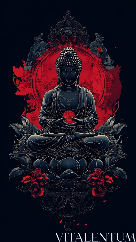 Central seated Buddha figure is framed by red circular mandala