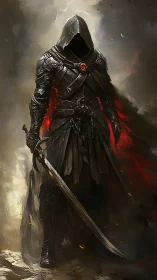 Hooded dark knight with glowing embers and forged greatsword.