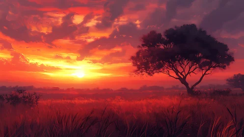 Radiant savanna horizon under volumetric sunset skyfield.