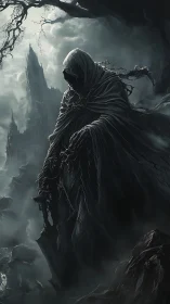 Hooded wraith amid ruins in dark misty landscape.