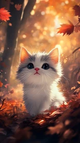 A Fluffy White Kitten Enchanted by Autumn's Golden Glow