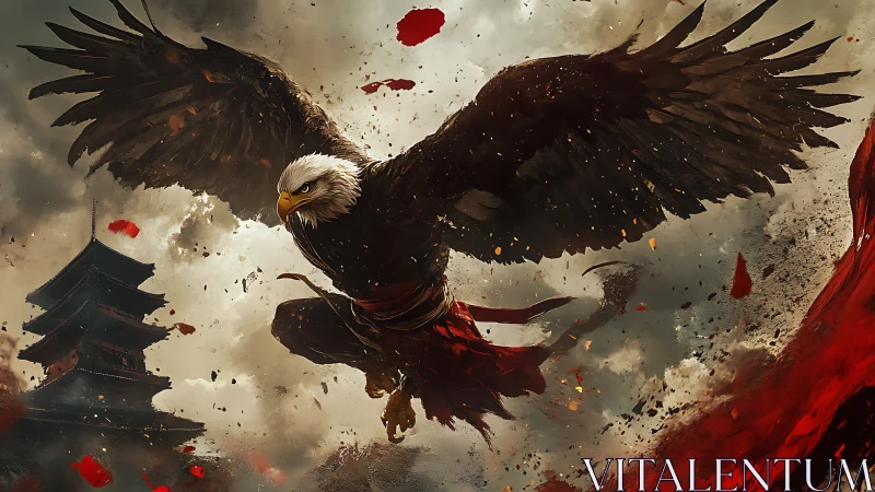 Martial bald eagle in mid-dive over stormlit pagoda skies