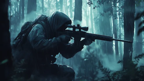 Hooded sniper in saturated rain-soaked conifer forest at dusk