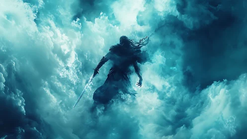 Stormborn wraith strides through shattered turquoise clouds.