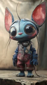 Blue alien creature stands in worn overalls on rough surface