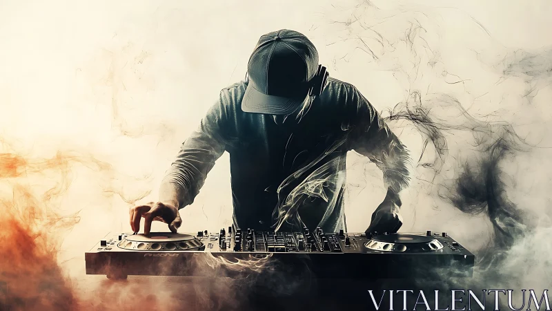 DJ mixes smoke-lit beats on dramatic club turntables.