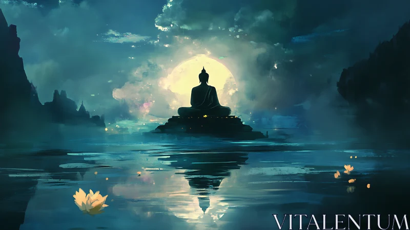 Luminous lunar backlit Buddha over reflective misted lake.