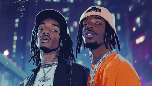 Urban rap duo portrait under neon city lights.