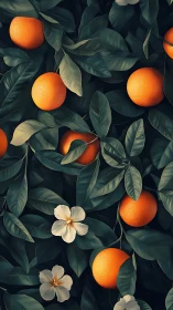 Citrus branch close-up with ripe oranges and white blossoms