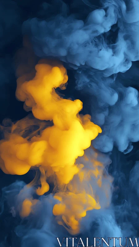 Yellow ink clouds diffusing through dense blue smoke.
