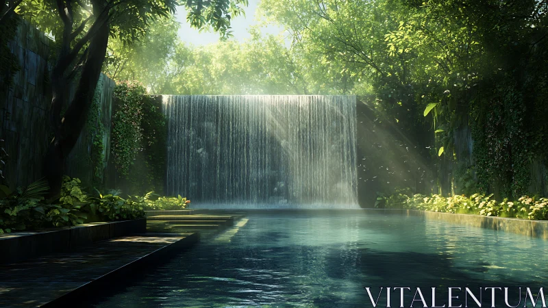 Lush courtyard waterfall cascades into a reflective modern pool