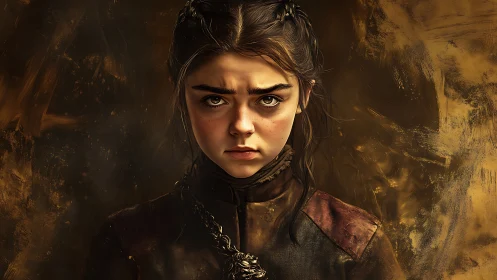 Young warrior girl stares forward with intense expression