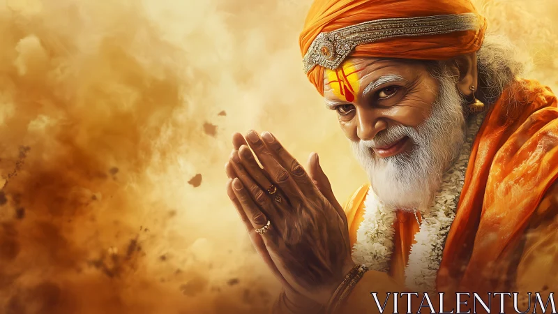 Elderly holy man in orange robes with folded hands portrait.