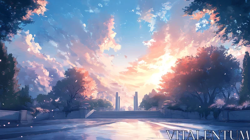 Sunlit memorial plaza opens beneath a glowing pastel sky