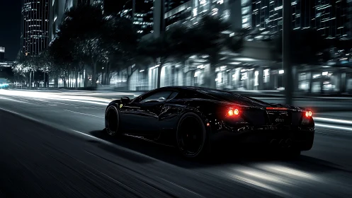 Midnight supercar glides through a glowing city street