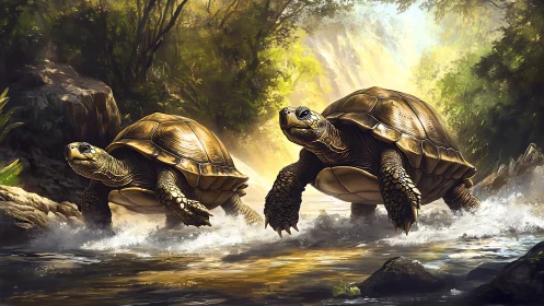 Two turtles move through shallow forest river in sunlight