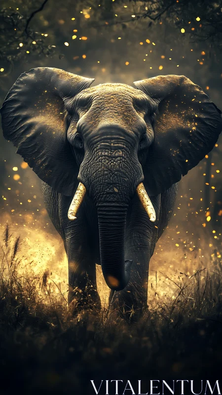 Majestic elephant strides through glowing golden dust field.