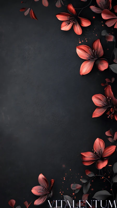 Luminous coral flowers bloom against deep charcoal darkness