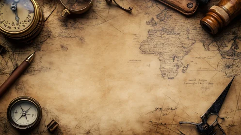 Vintage navigation instruments lie around an aged world map