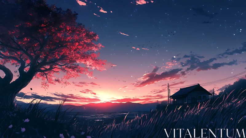 Twilight horizon field with crimson tree and rural dwelling.