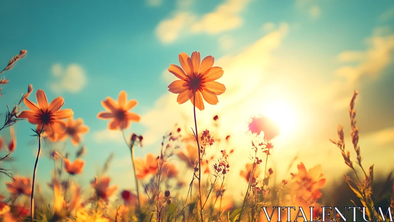 Sunlit meadow blooms bask in dreamy golden hour glow.