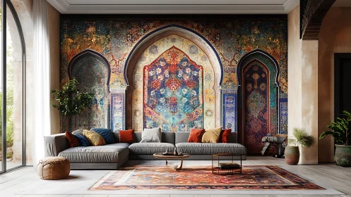 Cozy living room wrapped in rich Moroccan inspired patterns.
