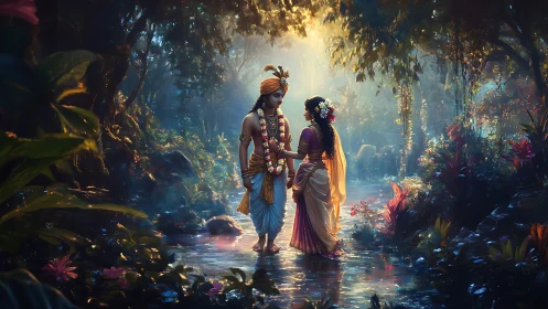 Two adorned figures stand in a glowing tropical forest stream