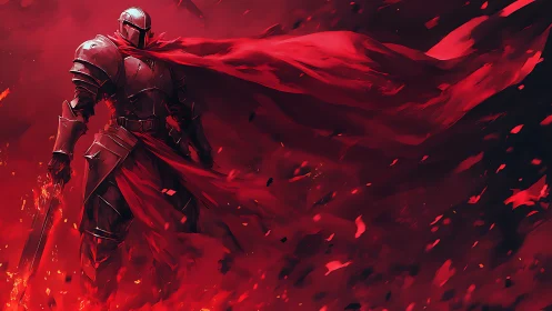 Armored knight stands in red flames with flowing cape
