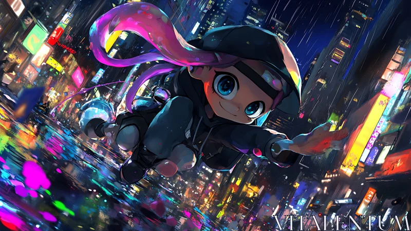 Rainy neon city welcomes a joyful kid hero skating forward