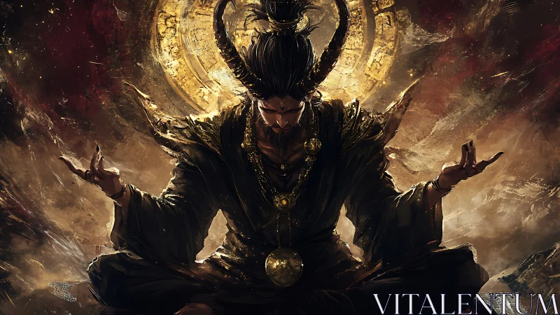 Horned dark sage in radiant golden arcane meditation.