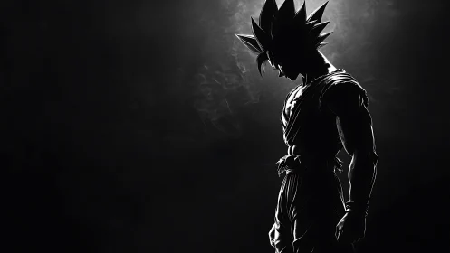 Silhouetted anime warrior stands in dramatic backlight.
