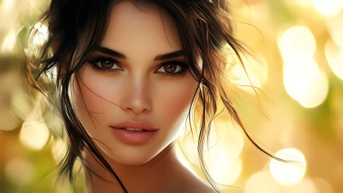 Close-up digital portrait of woman against golden bokeh light